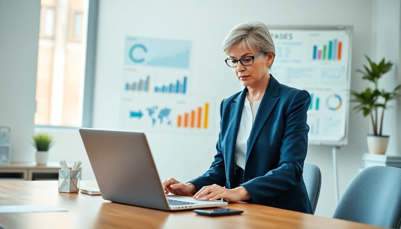 Crisis management consultant analyzing data in a professional office setting.