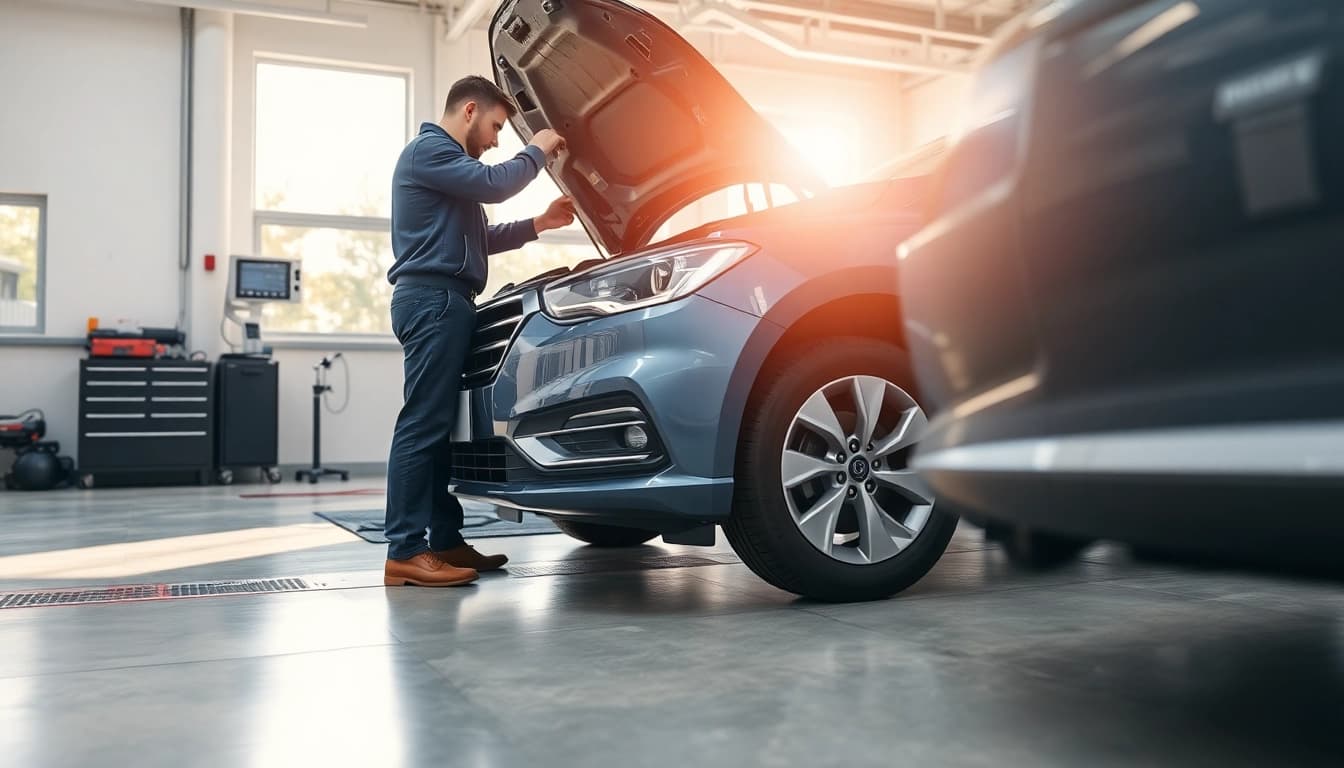 Inspecting a vehicle for Smog Check Plus in a professional garage environment.