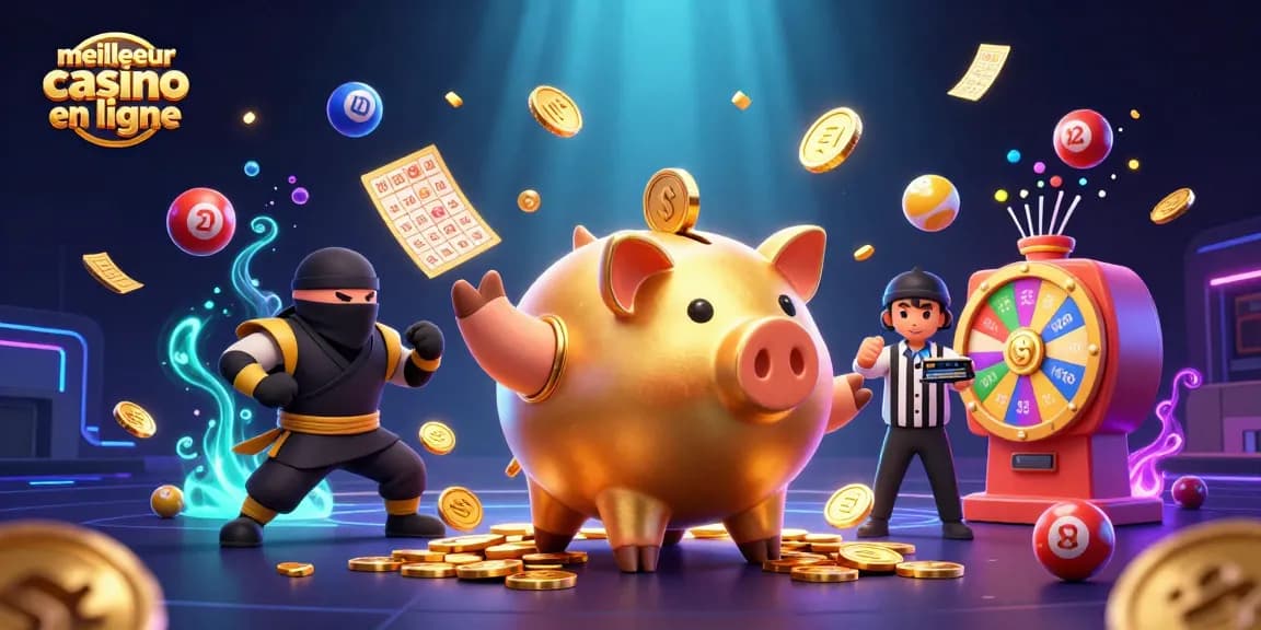 Illustration d'un meilleur casino en ligne avec un sumo et un ninja, dynamique et coloré.