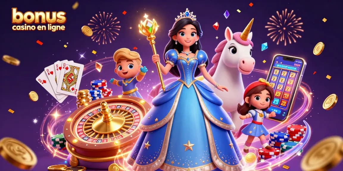 Profitez d'offres passionnantes de bonus casino en ligne tout en vous amusant dans une scène de casino 3D colorée.