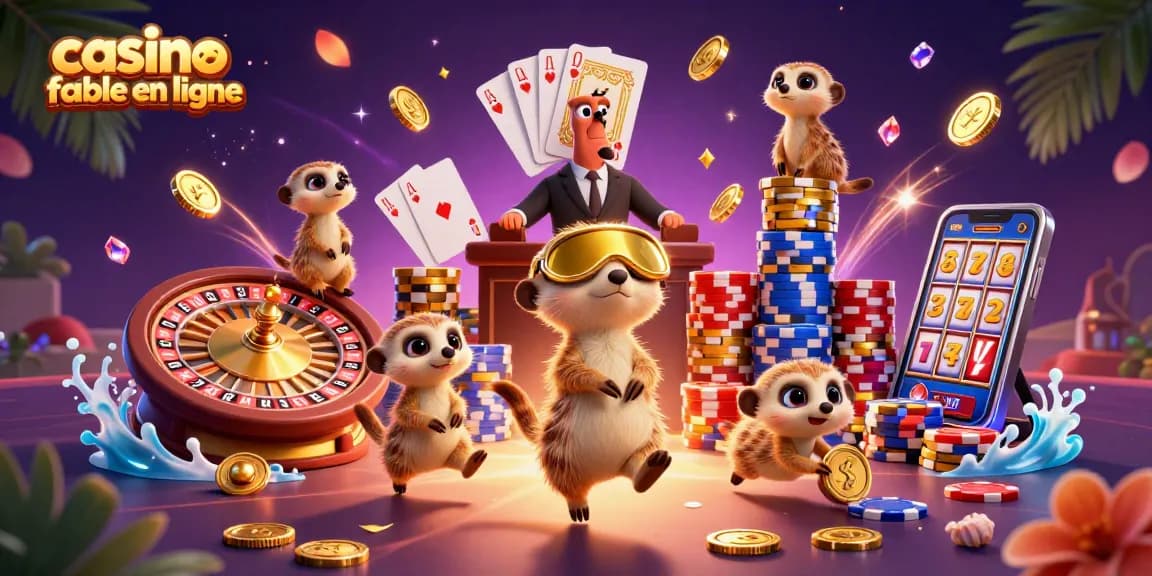 Une illustration 3D colorée montrant un casino fiable en ligne avec des suricates au travail, cartes de jeu et jetons.