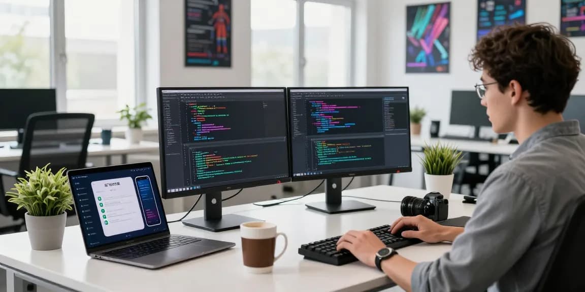 Developer coding in a modern workspace, showcasing the 纸飞机中文版 app interface on dual monitors, capturing a vibrant tech atmosphere.