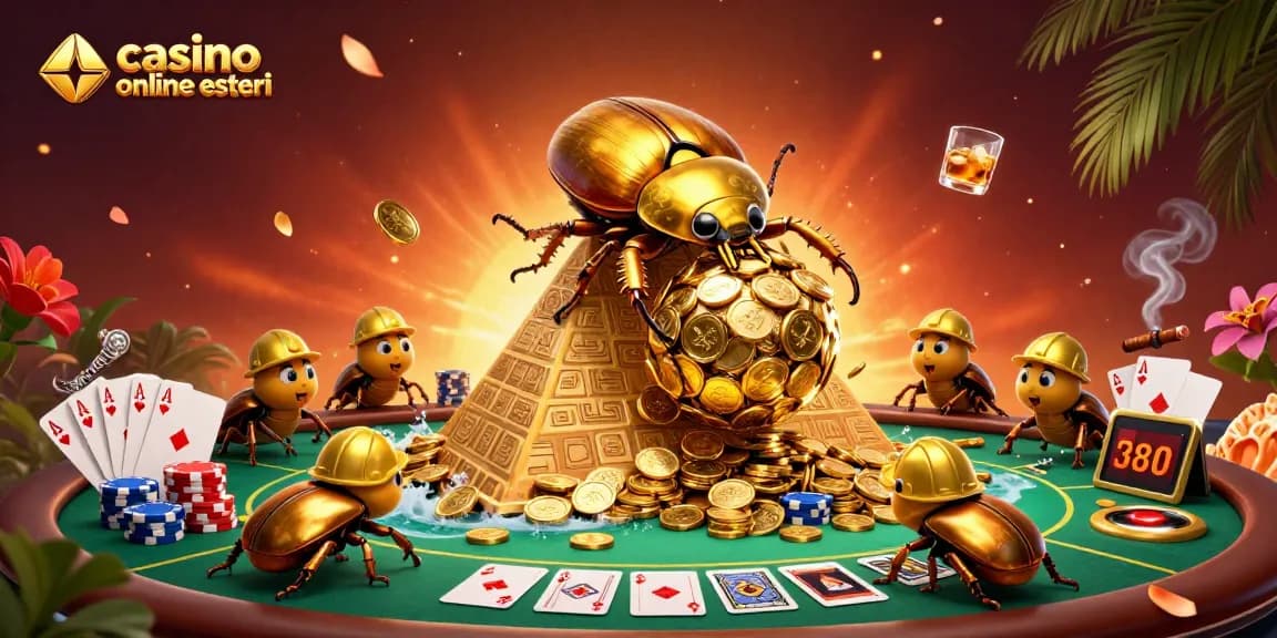 Scopri i migliori casinò online esteri con un'illustrazione ricca di dettagli e simboli del gioco.