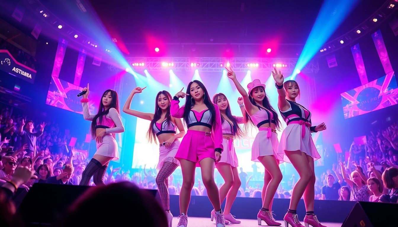 Blackpink news: Captivating concert scene with BLACKPINK members in vibrant outfits and exciting lighting.