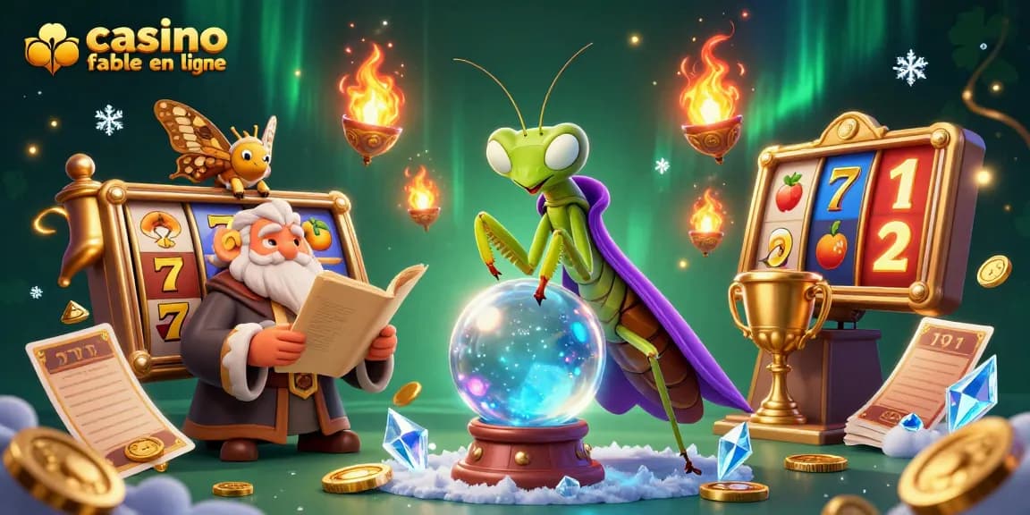 Visualisez un casino fiable en ligne avec une scène magique incluant une voyante mante religieuse et des éléments de jeux de machine à sous.