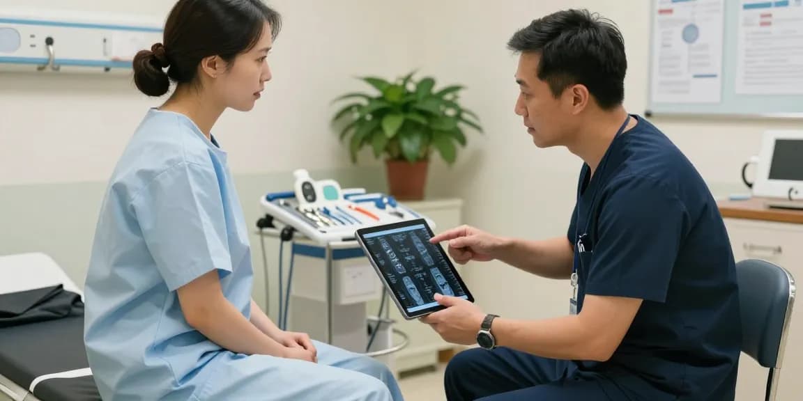 Boyun fıtığı ameliyatı discussion with orthopedic surgeon and patient in a clinical setting.