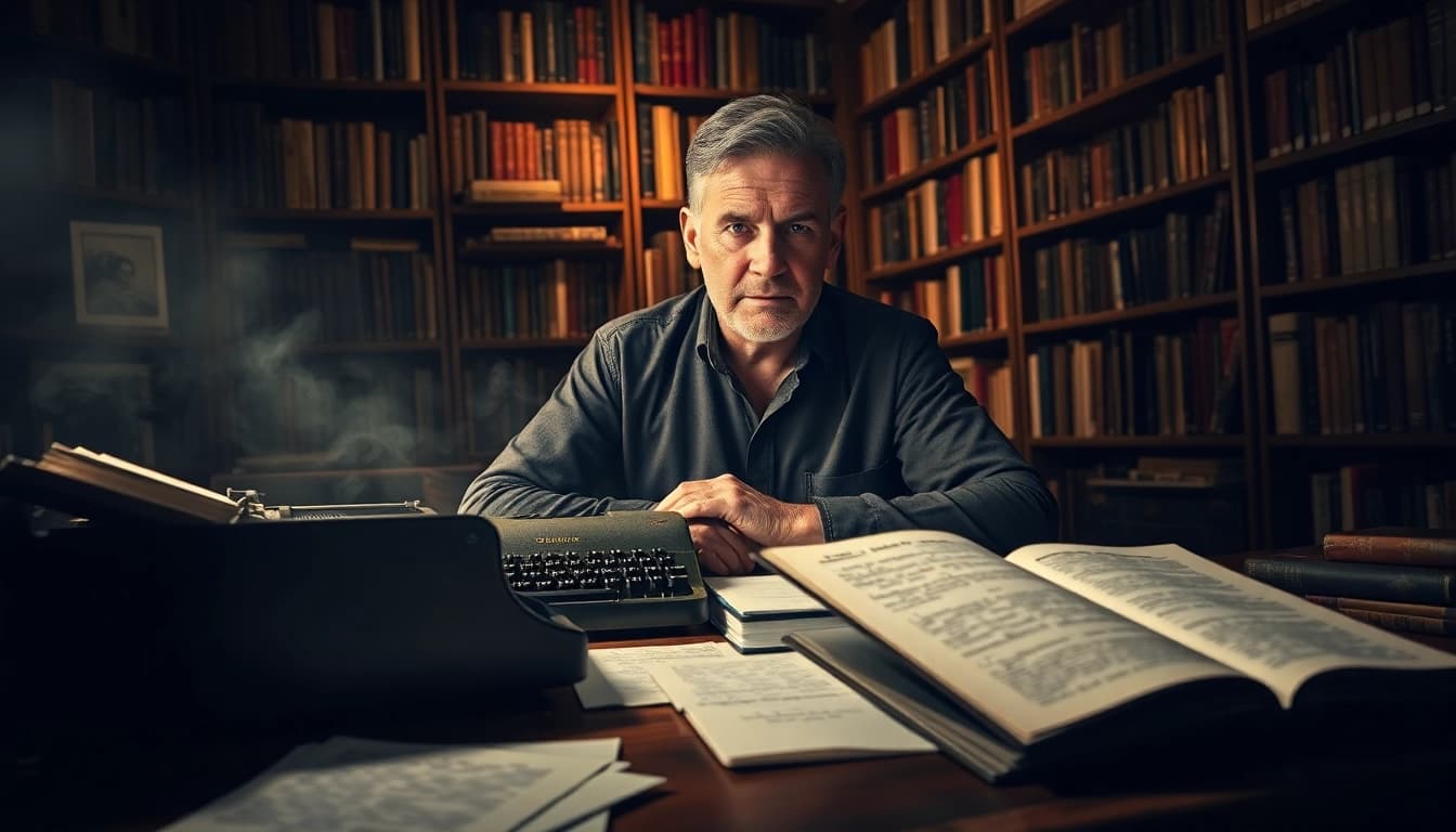 Engaging photo of a thriller author creating suspenseful narratives in a cozy setting.