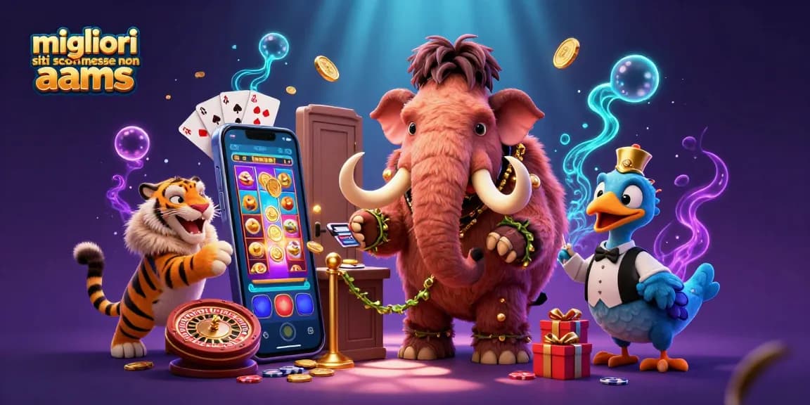 Scopri i migliori siti scommesse non AAMS con un'illustrazione vivace di un mammut bouncer e un tigre VIP.