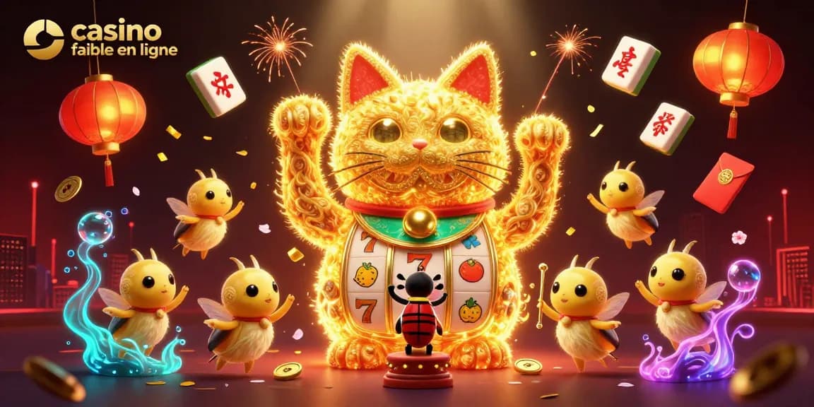 Admirez le chat porte-bonheur de casino fiable en ligne entouré de symboles de jeux et lanternes !
