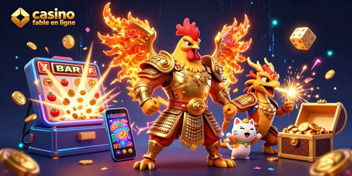 Rejoignez l'univers captivant du casino fiable en ligne, avec un guerrier coq et un dragon jouant aux machines à sous.