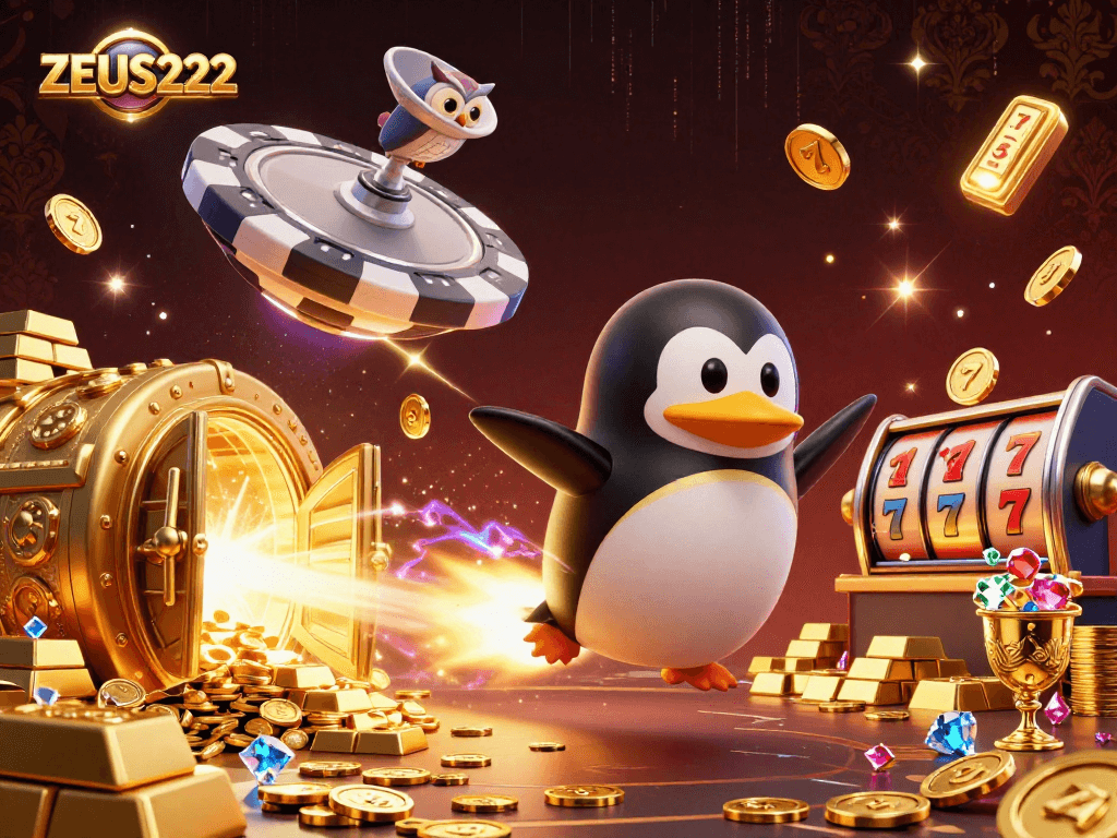 Experience exciting wins with ZEUS222's dynamic golden penguin and casino-themed adventure!