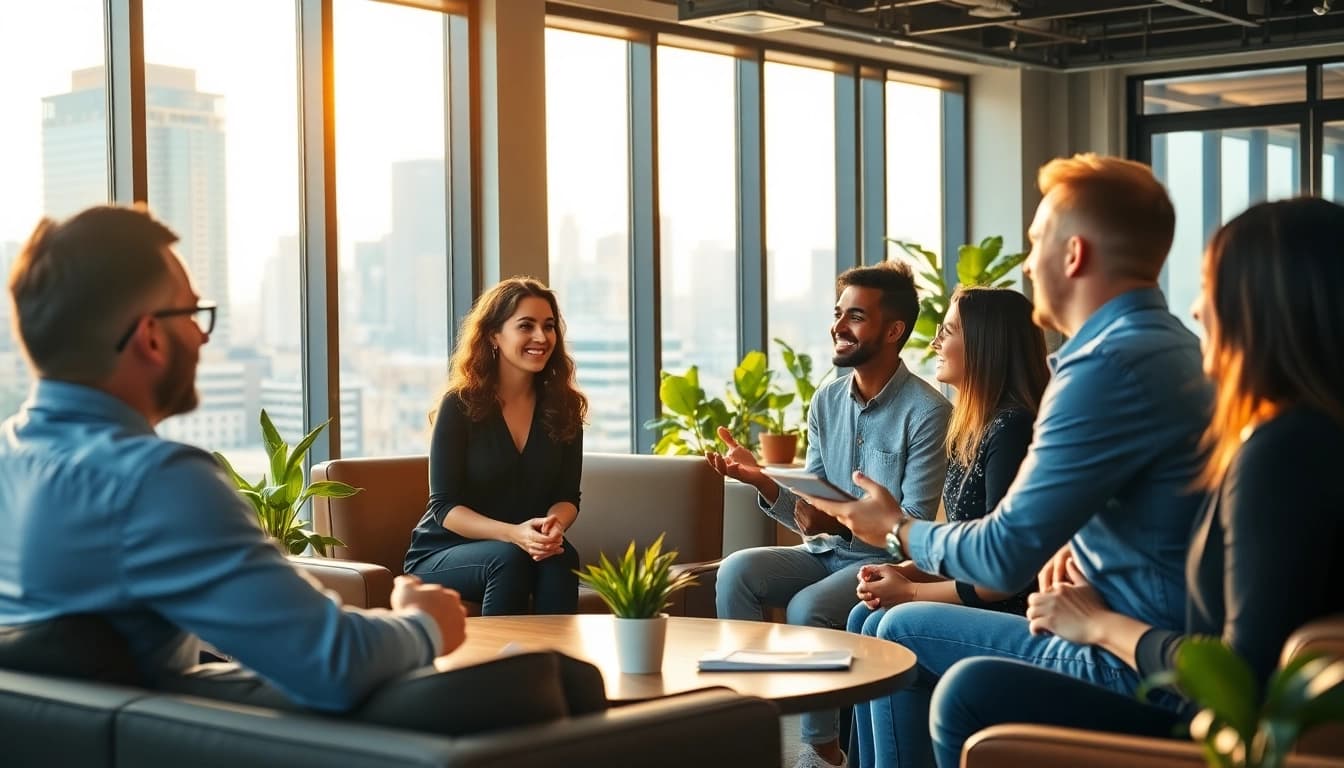 Business coach Los Angeles guiding clients in a vibrant, collaborative office space.