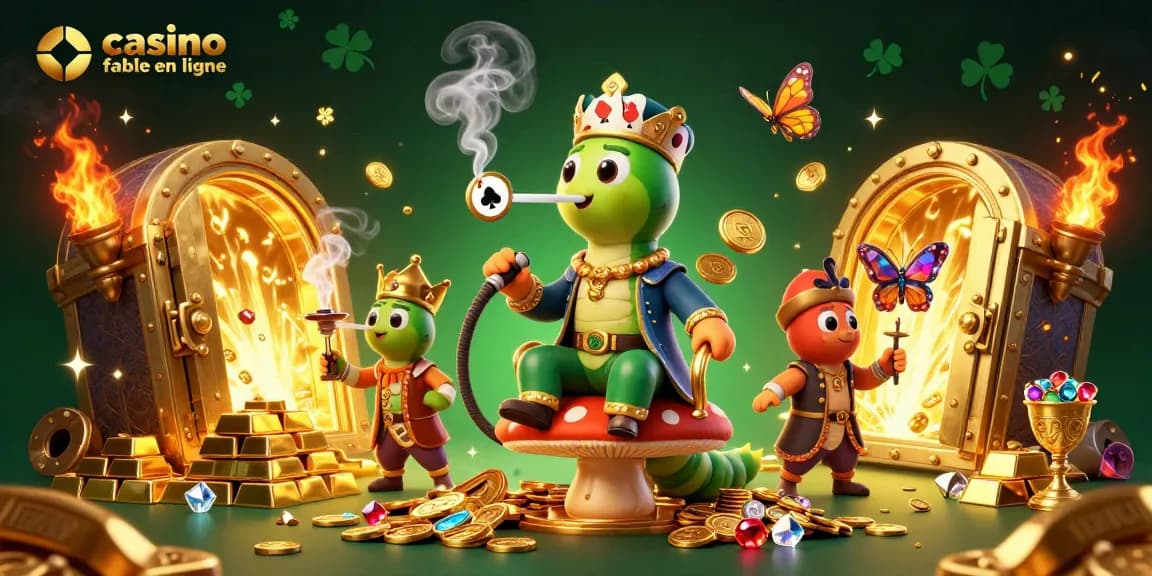 Illustration captivante d'un casino fiable en ligne avec un personnage coloré soufflant des symboles de poker.