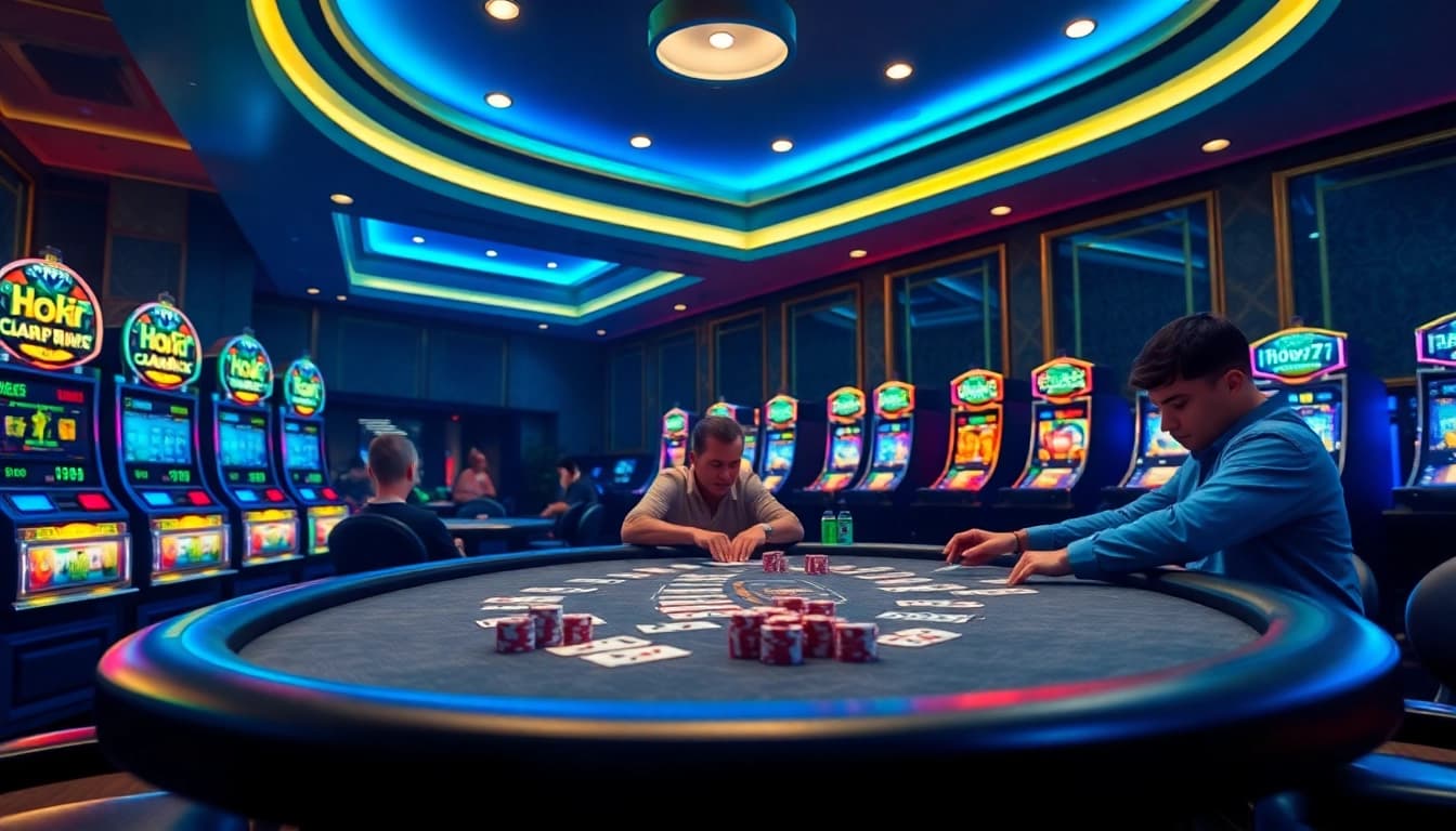 Experience thrilling poker action at hoki77's luxury gambling table filled with vibrant chips and cards.
