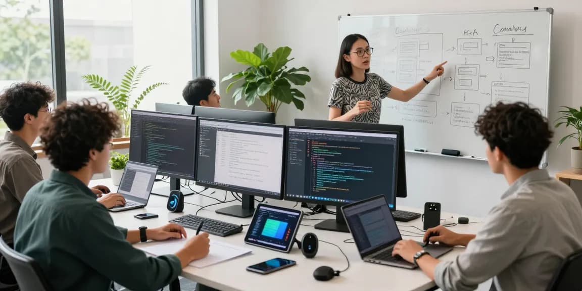 Team collaborating in a modern tech workspace, enhancing telegram中文版 user experience.