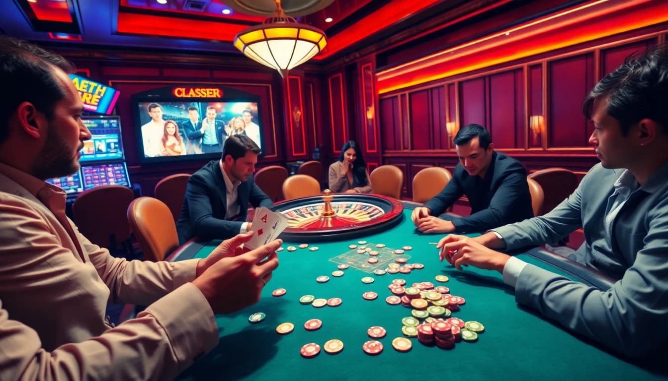 Nonton film indoxxi while enjoying a luxurious casino scene with poker and roulette tables.