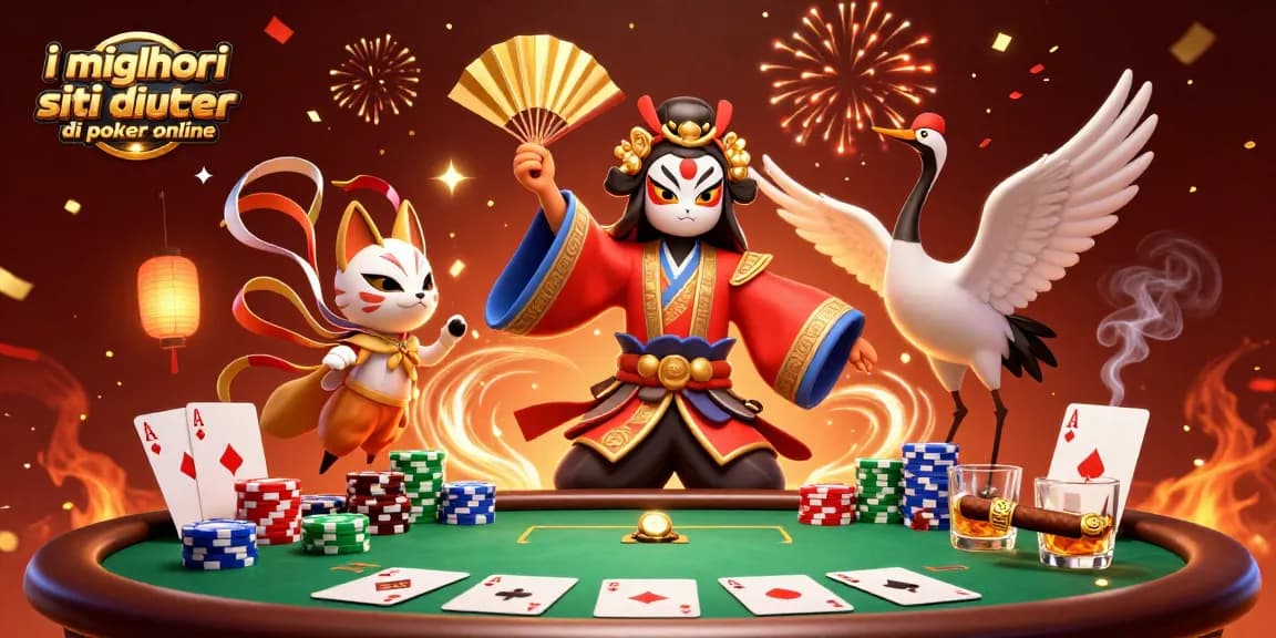 Gioca nei migliori siti di poker online con una scena dinamica di personaggi e tavoli da poker.