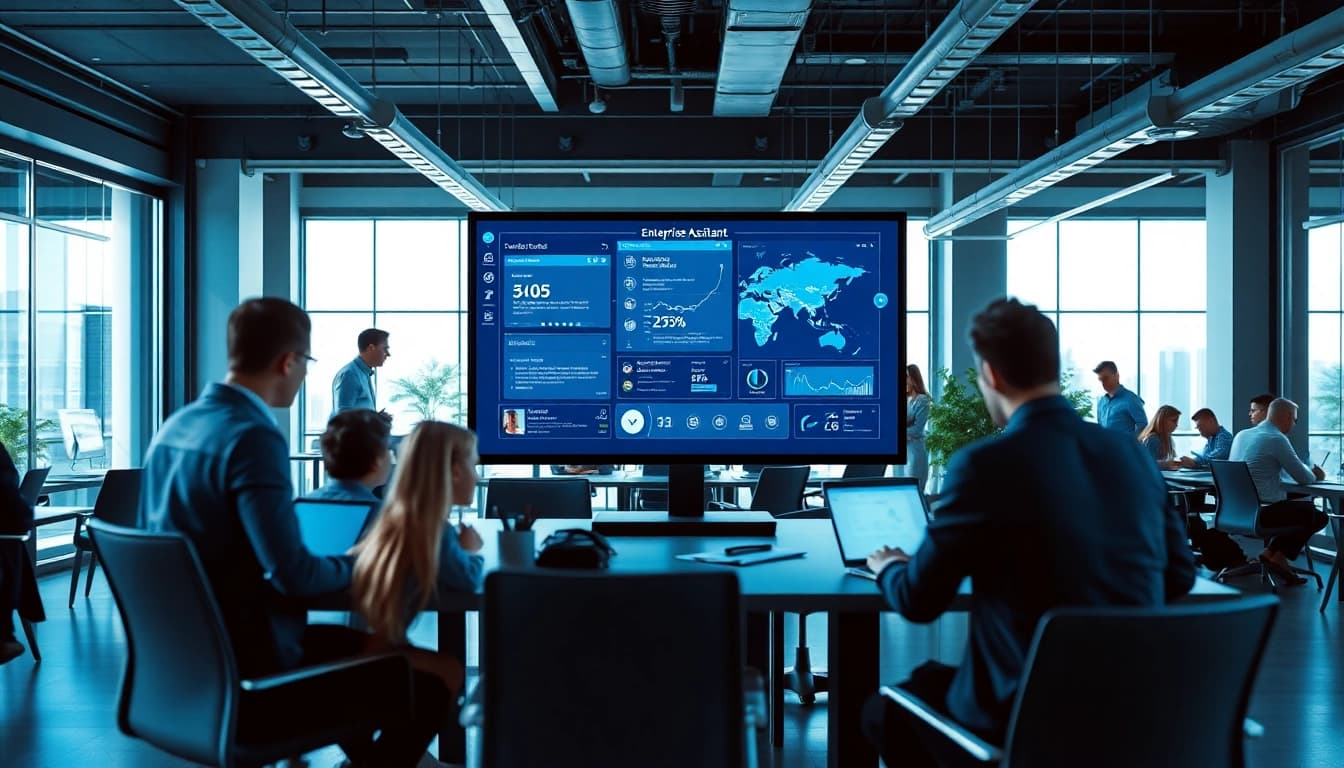 Enhance productivity with a modern enterprise assistant interface in a bustling office environment.