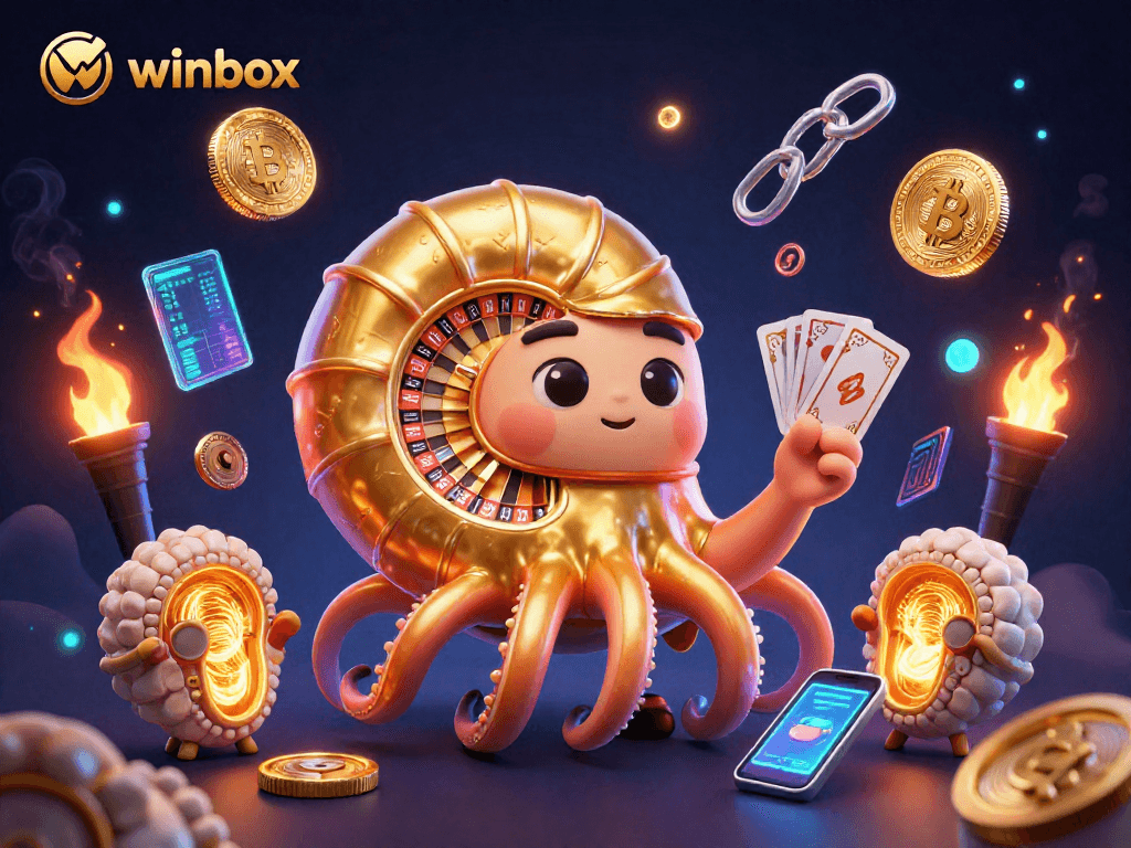 Winbox showcases an ancient nautilus roulette wheel with neon crypto elements, combining slots and live casino themes.