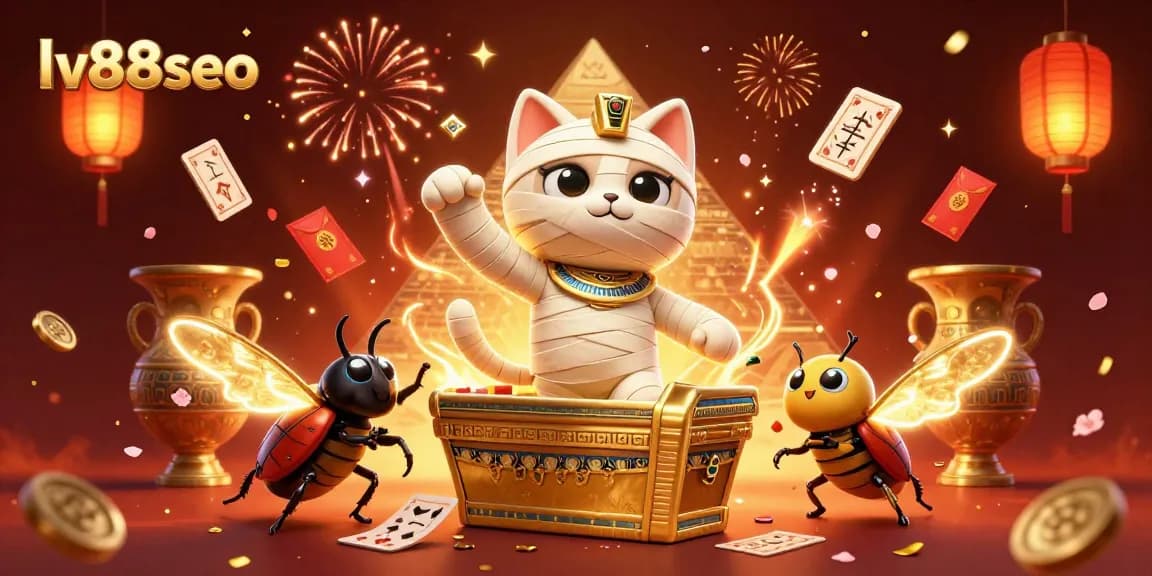 Engage with lv88seo's thrilling 3D illustration of a playful Egyptian mummy cat and casino elements.