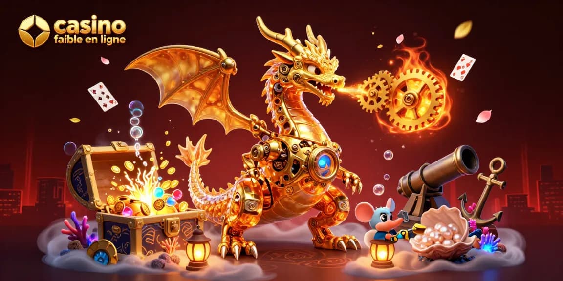 Visitez un casino fiable en ligne avec un dragon doré mécanique et des trésors sous-marins scintillants.