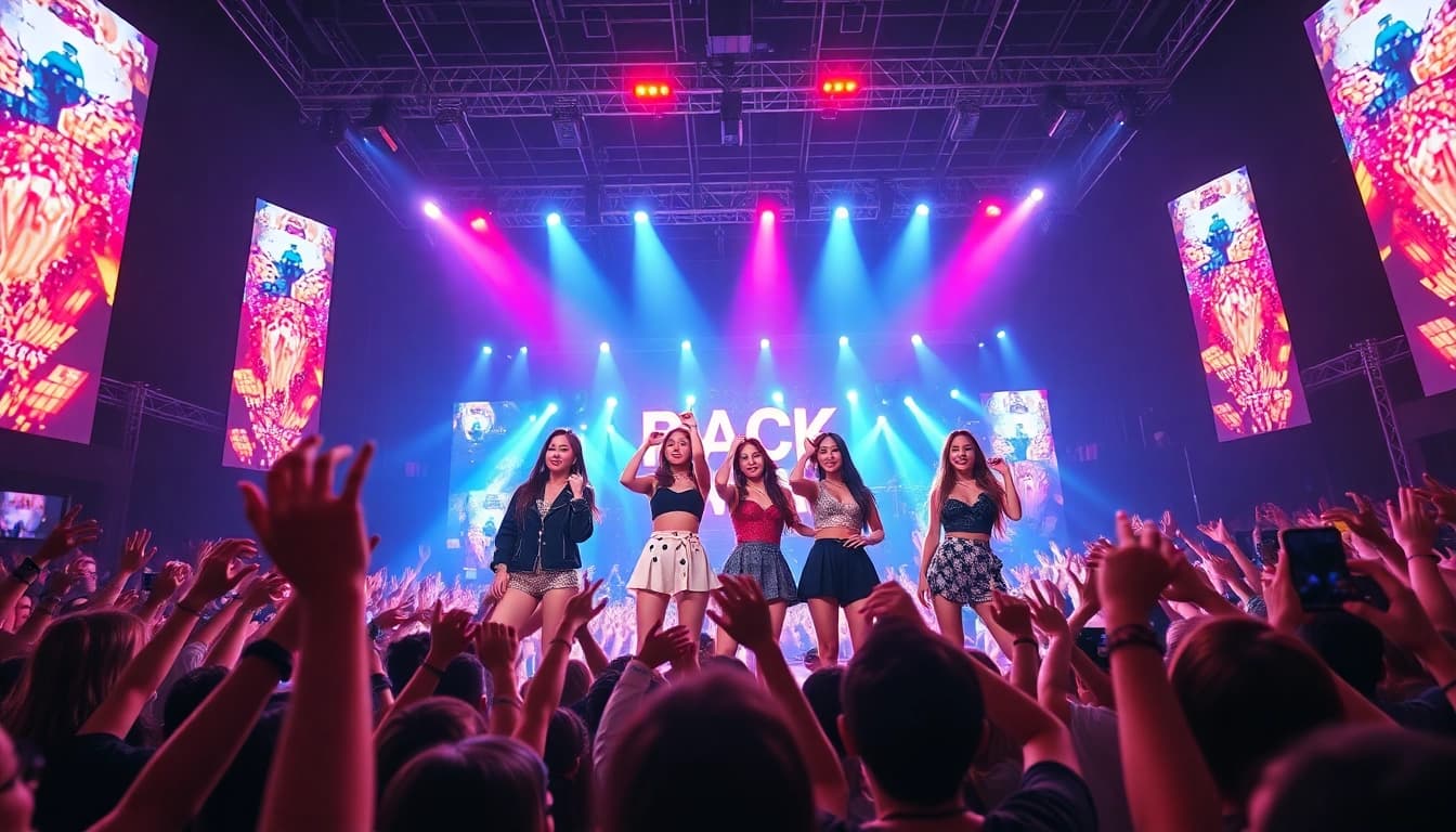 BLACKPINK news showcased through an energetic K-pop concert scene featuring the group's members on stage.
