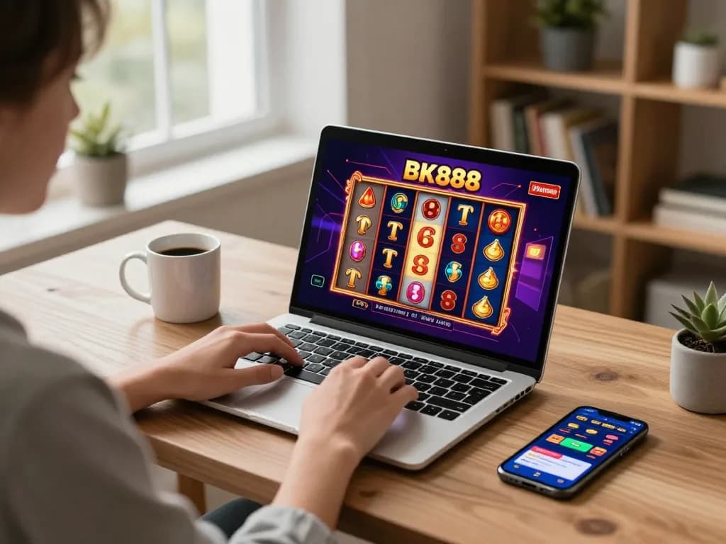Player enjoying BK888 online casino slots in a cozy home office setting with laptop and betting app.