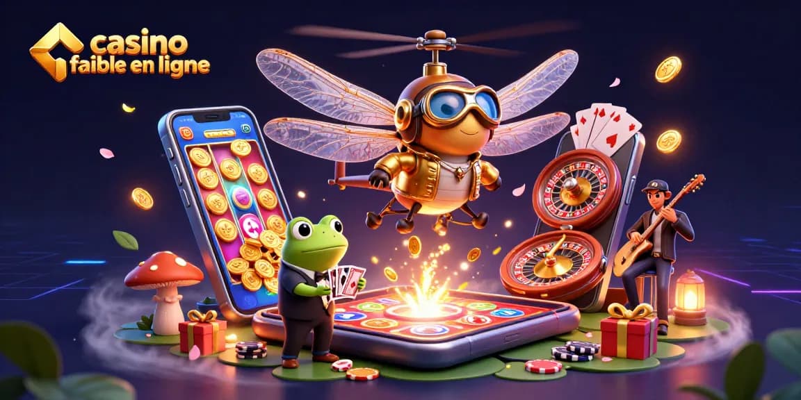 Casino fiable en ligne avec un pilote de libellule et un croupier grenouille, ambiance animée et jeux de cartes.