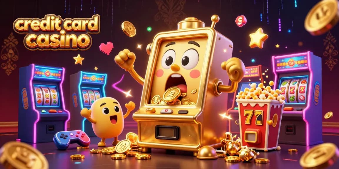 Experience the thrill at a credit card casino with cheerful slot machines celebrating a jackpot win.