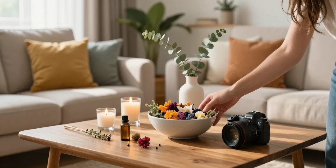 Best potpourri for home displayed in a cozy living room setting, inviting aromas and natural decor.