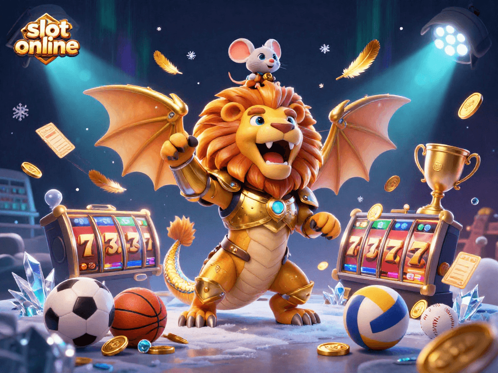 Engage in thrilling slot online adventures with a mystical chimera and vibrant game elements surrounded by sparkling treasures.