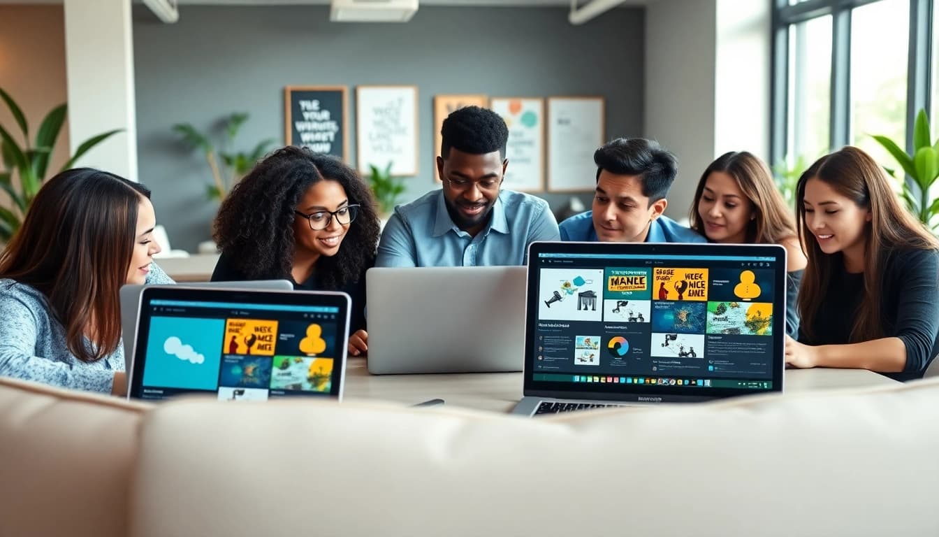 Dynamic team at a web design company brainstorms innovative solutions, emphasizing collaboration.