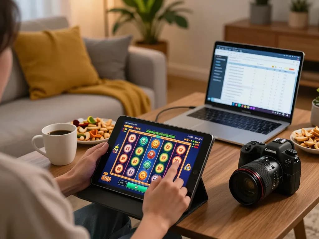 Engaging in exciting slot gameplay on tablet in cozy home setting, exploring slot deposit 2rb strategies.