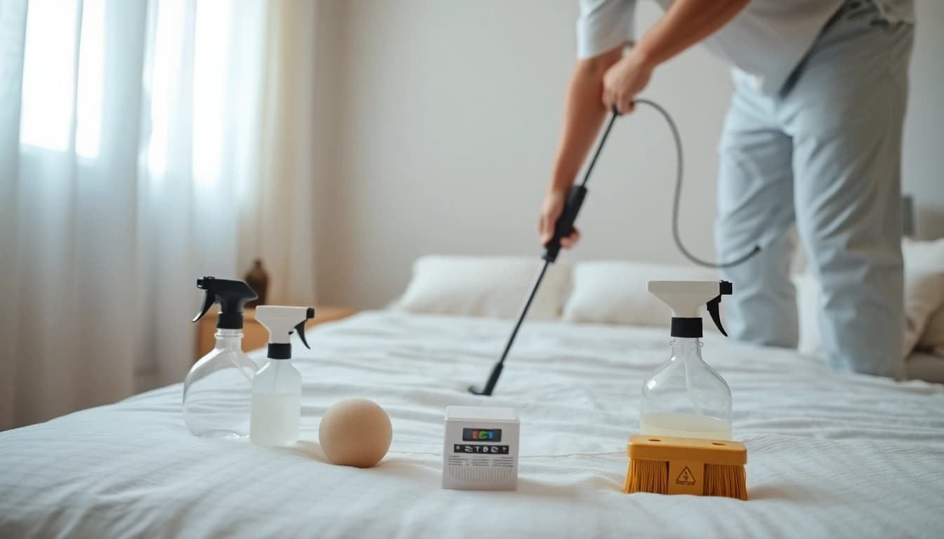 Efficient bed bug removal techniques in a clean bedroom environment, highlighting pest control tools.
