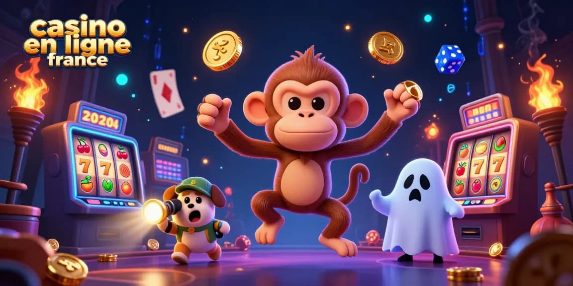 Illustration vibrante du casino en ligne France avec un singe poltergeist et un chiot chasseur de fantômes.
