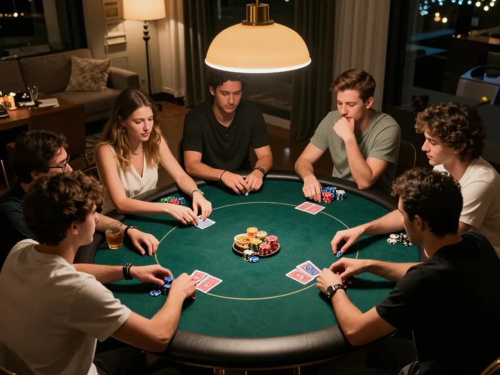 Players engaging in a thrilling W 88 poker night, surrounded by chips and cards in a cozy home setting.