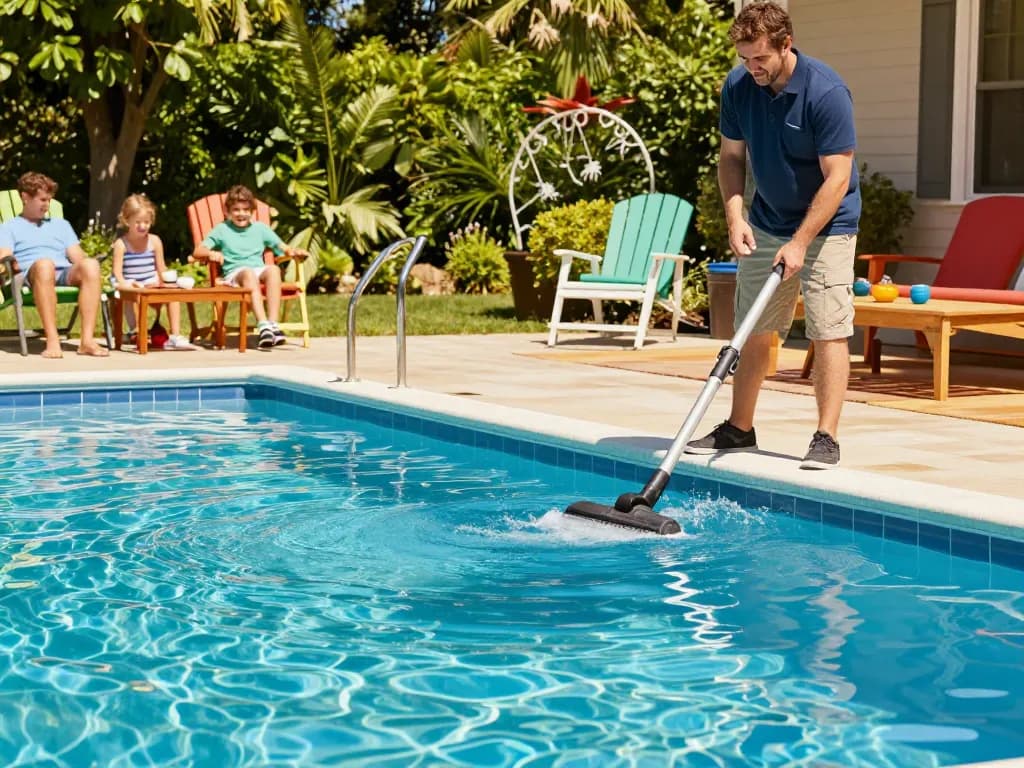 Dolphin Pool Services technician performing maintenance on a beautiful Virginia pool, ensuring a clean and enjoyable swimming experience.