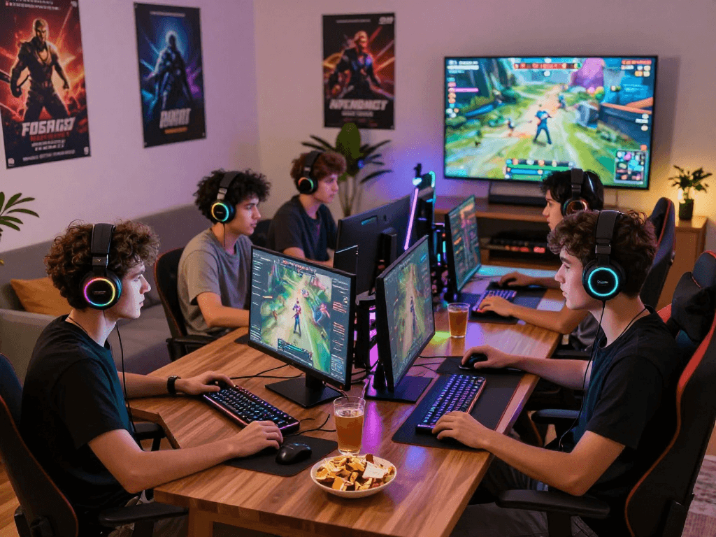 Gaming group enjoying raja328 link on vibrant setups with snacks.