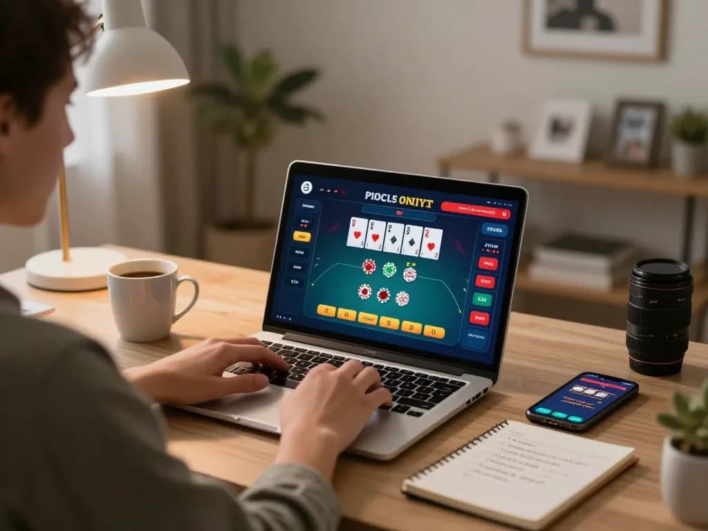 Engaged player strategizing with 789win780 during online poker game at home desk.
