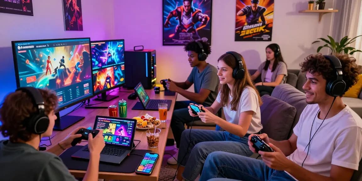 Friends enjoying free porn games in a vibrant gaming setup, showcasing gaming atmosphere.