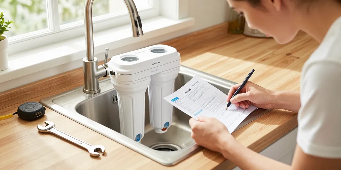 Homeowner installing the Waterdrop FQK1R, GXULQR Under Sink Replacement Filter in a modern kitchen, showcasing home improvement.