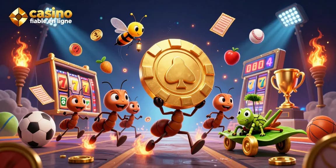 Plongez dans l'univers d'un casino fiable en ligne avec des fourmis transportant une énorme puce de poker dans un tunnel.