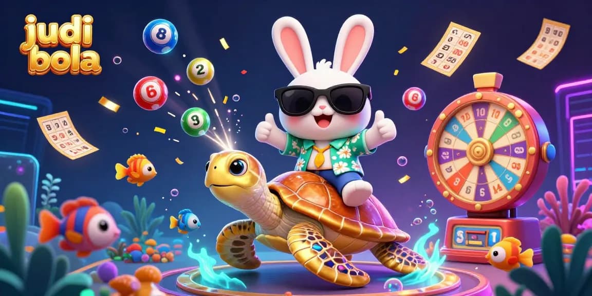 Engaging scene highlighting judi bola with a lucky rabbit, golden sea turtle, and dynamic lottery elements.