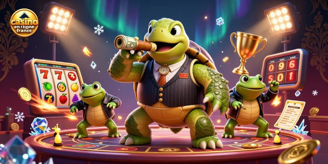 Illustration 3D d'un casino en ligne France avec une tortue de collection et des éléments de jeu dynamique.