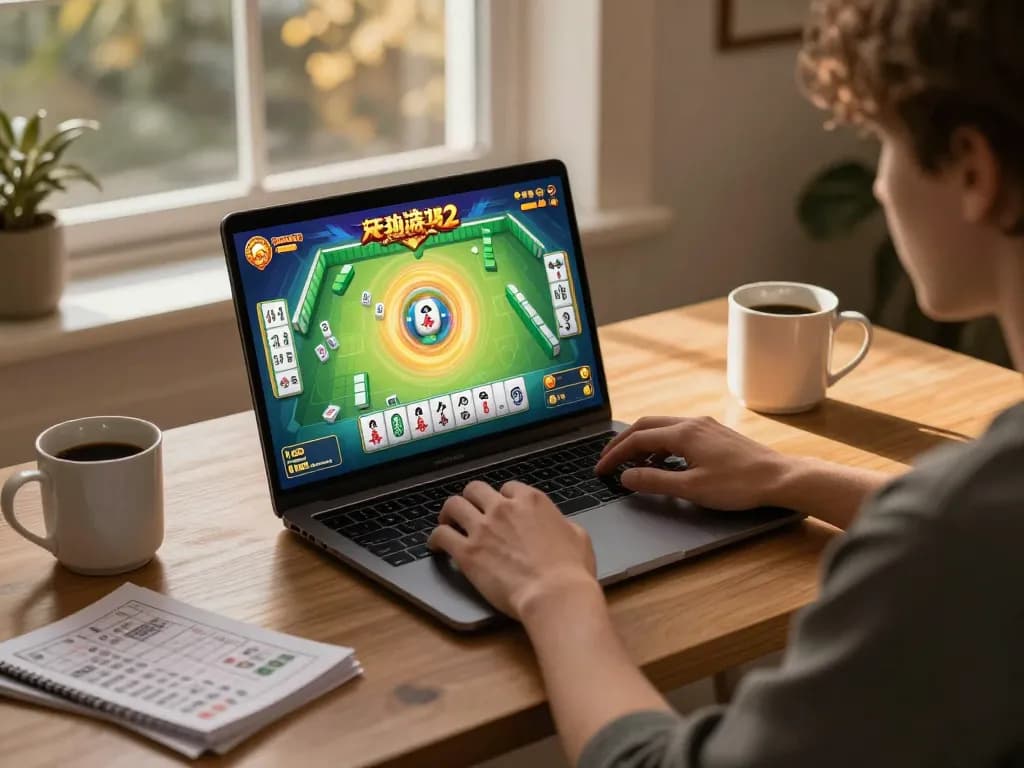 Playing Mahjong Ways 2 on a laptop in a cozy home setting, emphasizing responsible gaming.