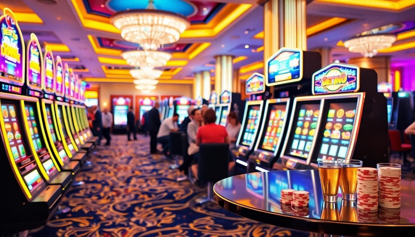 Rasakan Slot Depo 5000 di kasino modern dengan mesin cerah dan pemain bersemangat.