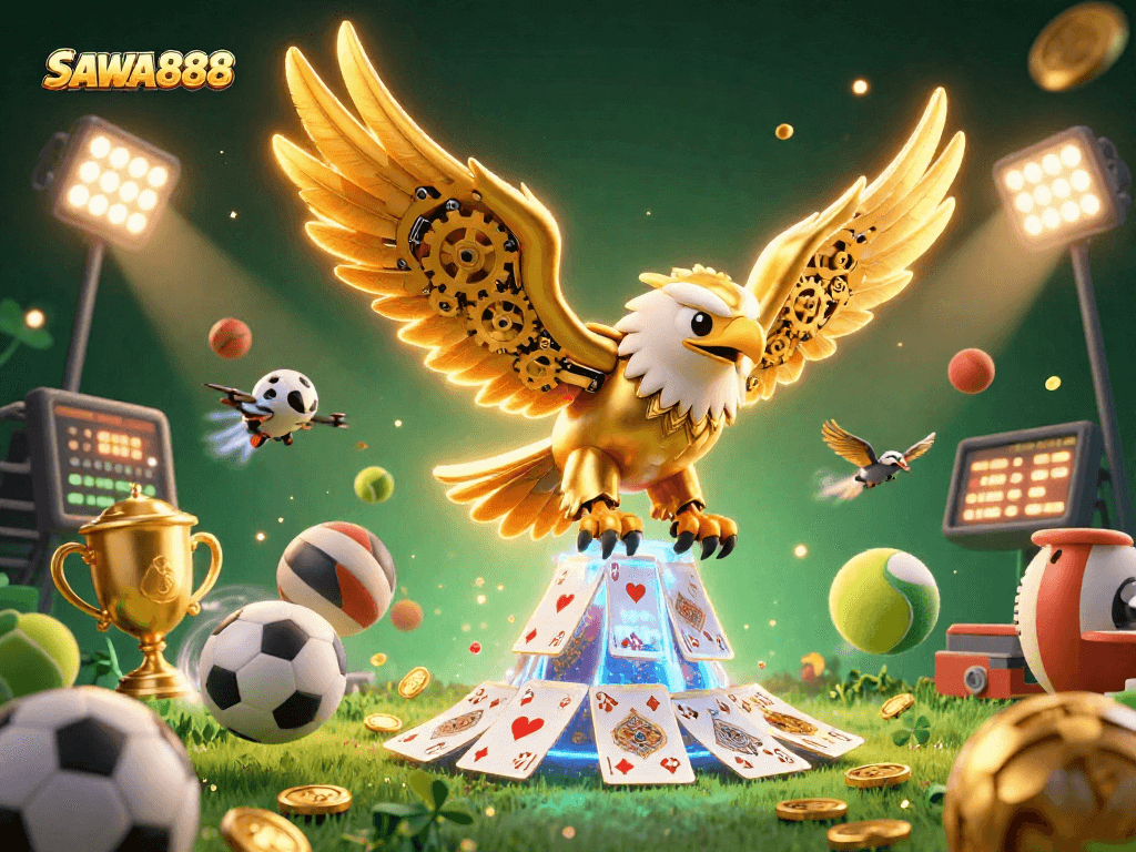 SAWA888 showcases a vibrant 3D illustration of a cybernetic eagle amidst dynamic casino elements.