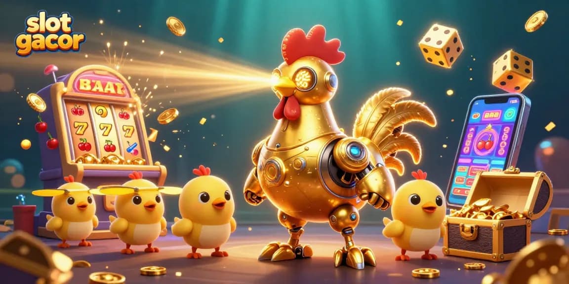 Experience the excitement of slot gacor with a vibrant 3D cartoon scene featuring a golden rooster robot and playful chick drones.