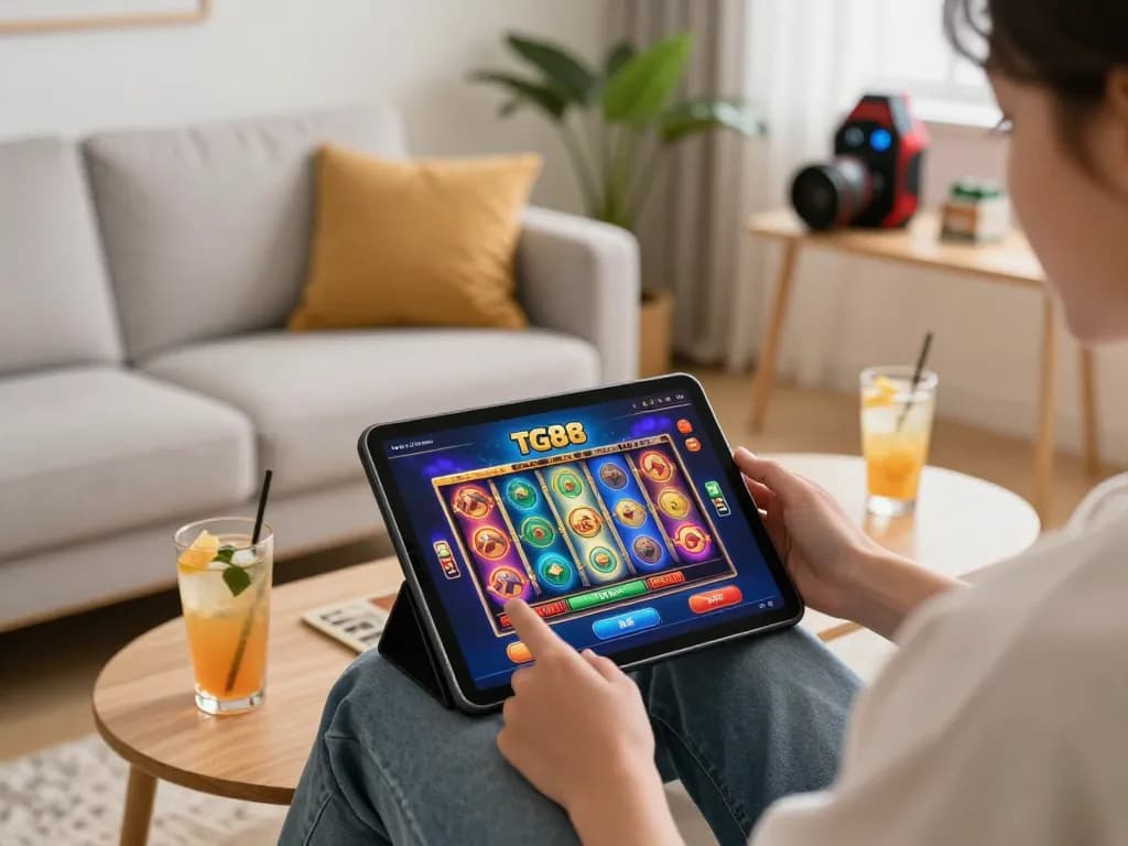 Player enjoying TG88 app on tablet in cozy home setting with vibrant casino interface and personal touches