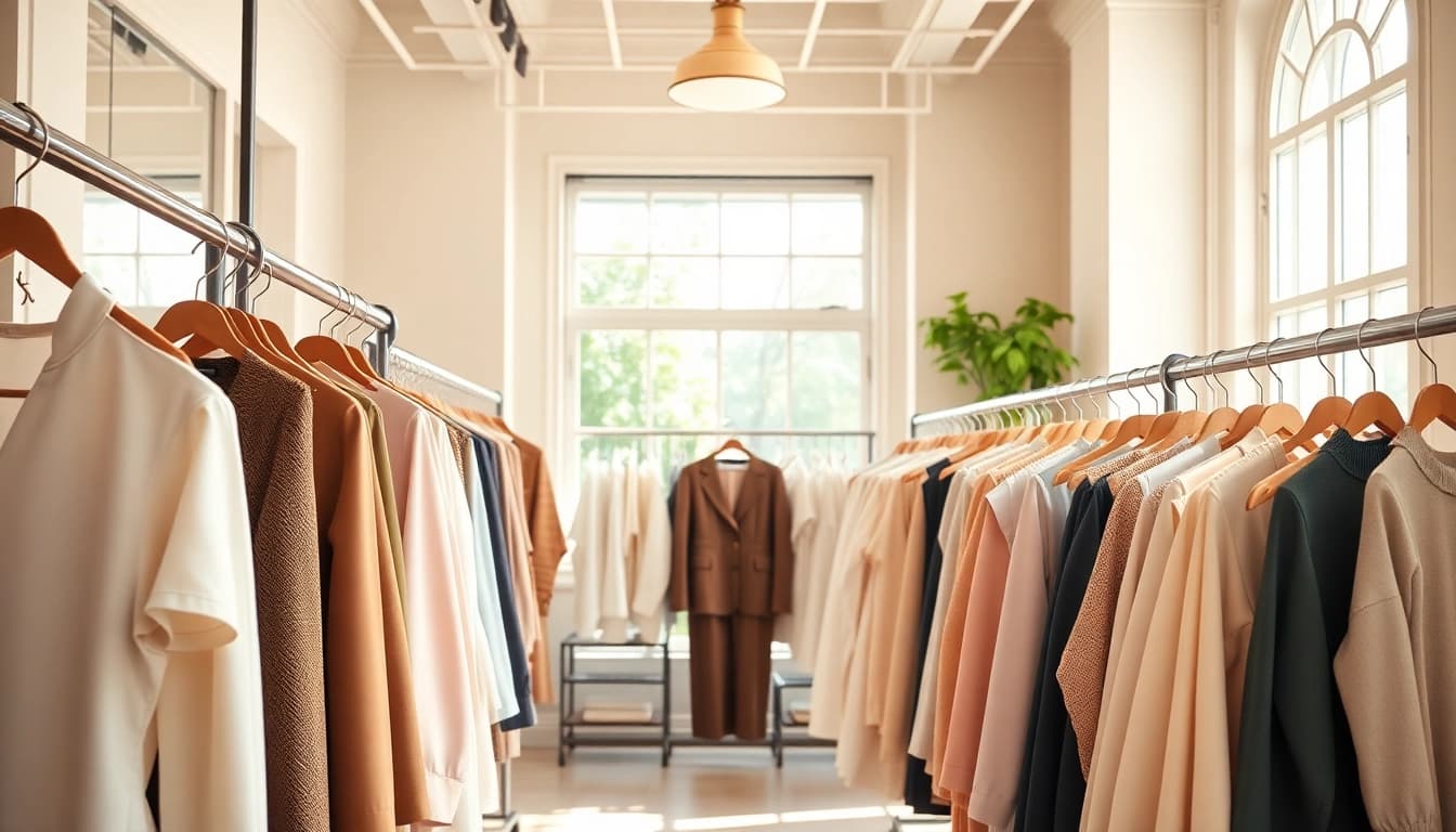 Showcase of premium women’s clothing manufacturer in a stylish boutique setting.